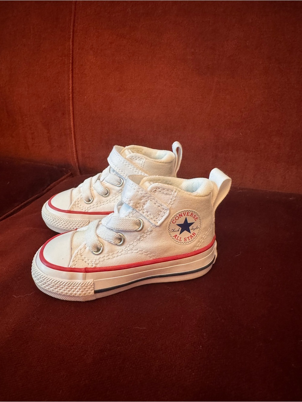 Converse Kids White High-Top Sneakers with Red Stripe